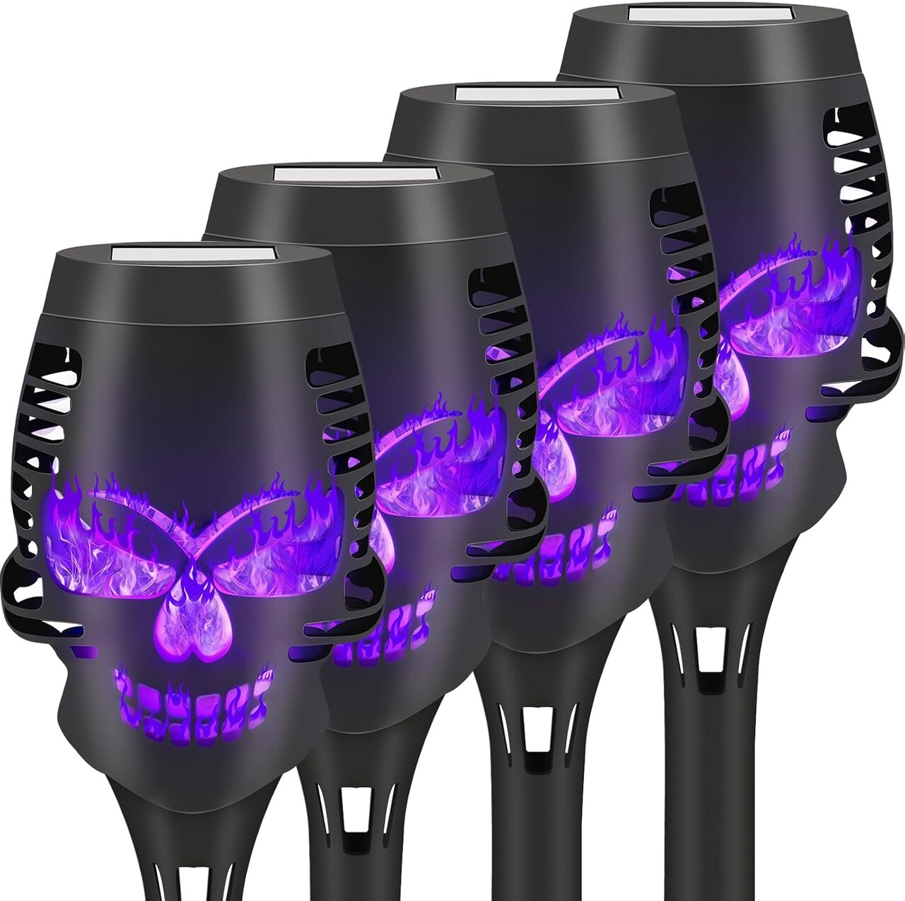 4 Pack Solar Torch Skull Light with Flickering Flame, Outdoor Waterproof Solar Halloween Skull Lights Decorations, Solar Torches Landscape Path Lights for Halloween Decor (Purple)